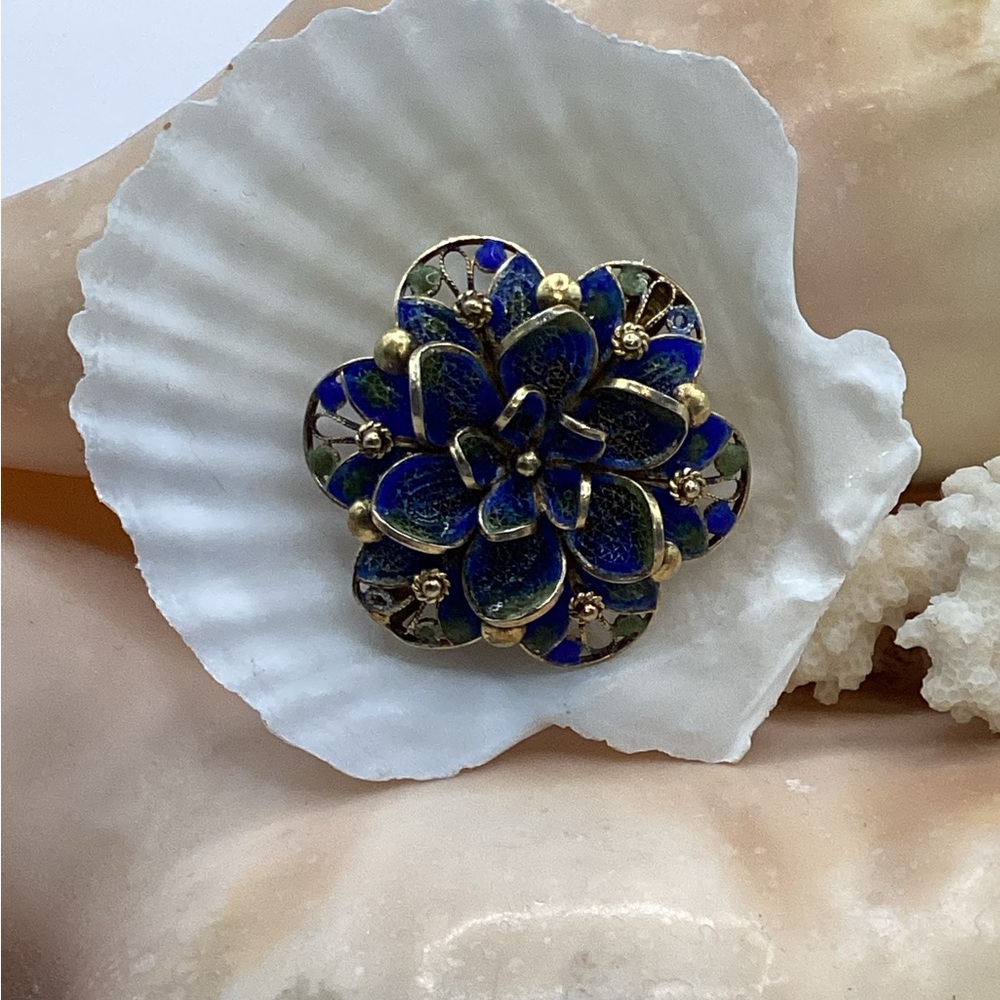Vintage 800 Silver Blue Enamel Brooch With Gold-Tone Wires Excellent Condition!